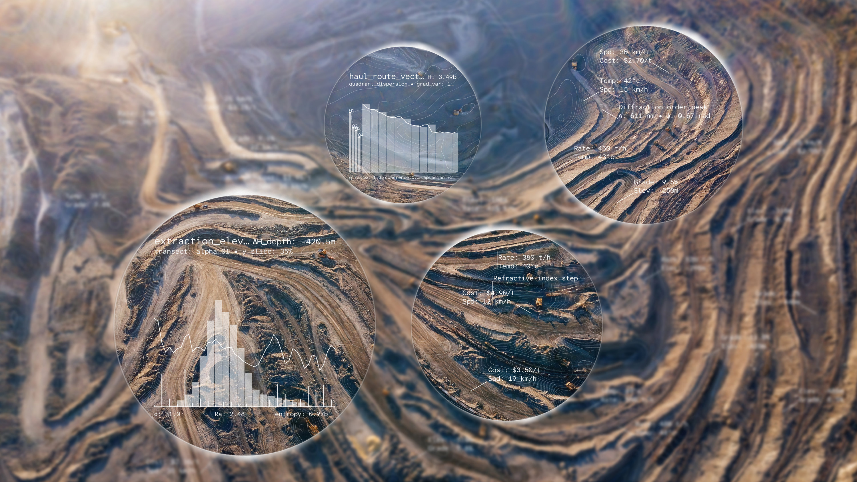 An aerial view of an open-pit mine, with circular magnifying overlays pinpointing key site areas to display economic datas.