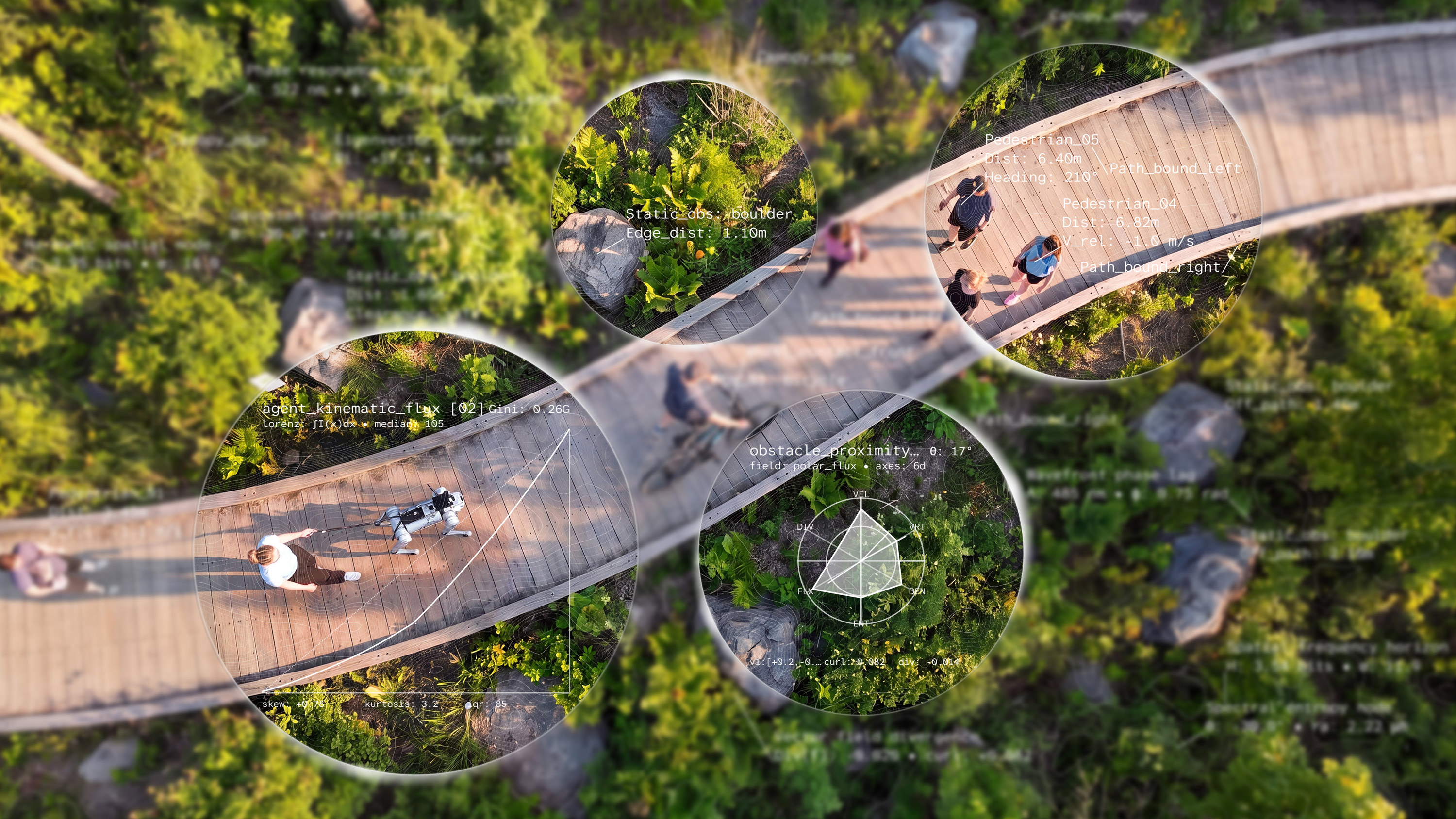 An aerial view of a wooden boardwalk weaving through a green space, with pedestrians and a robotic dog. Circular callout overlays display motion analysis and obstacle proximity data.