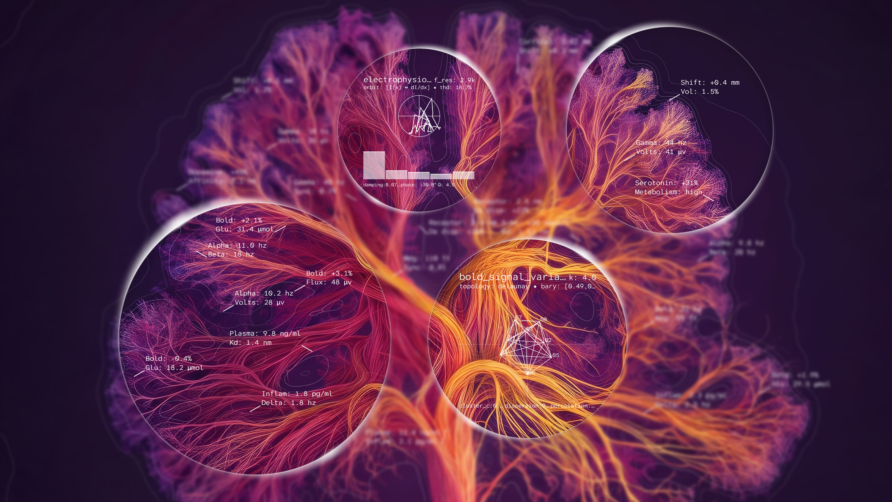 A digital representation of a complex neural network within a brain, rendered in vibrant orange and purple tones on a dark background. Multiple circular magnifying overlays highlight key regions, displaying scientific data.