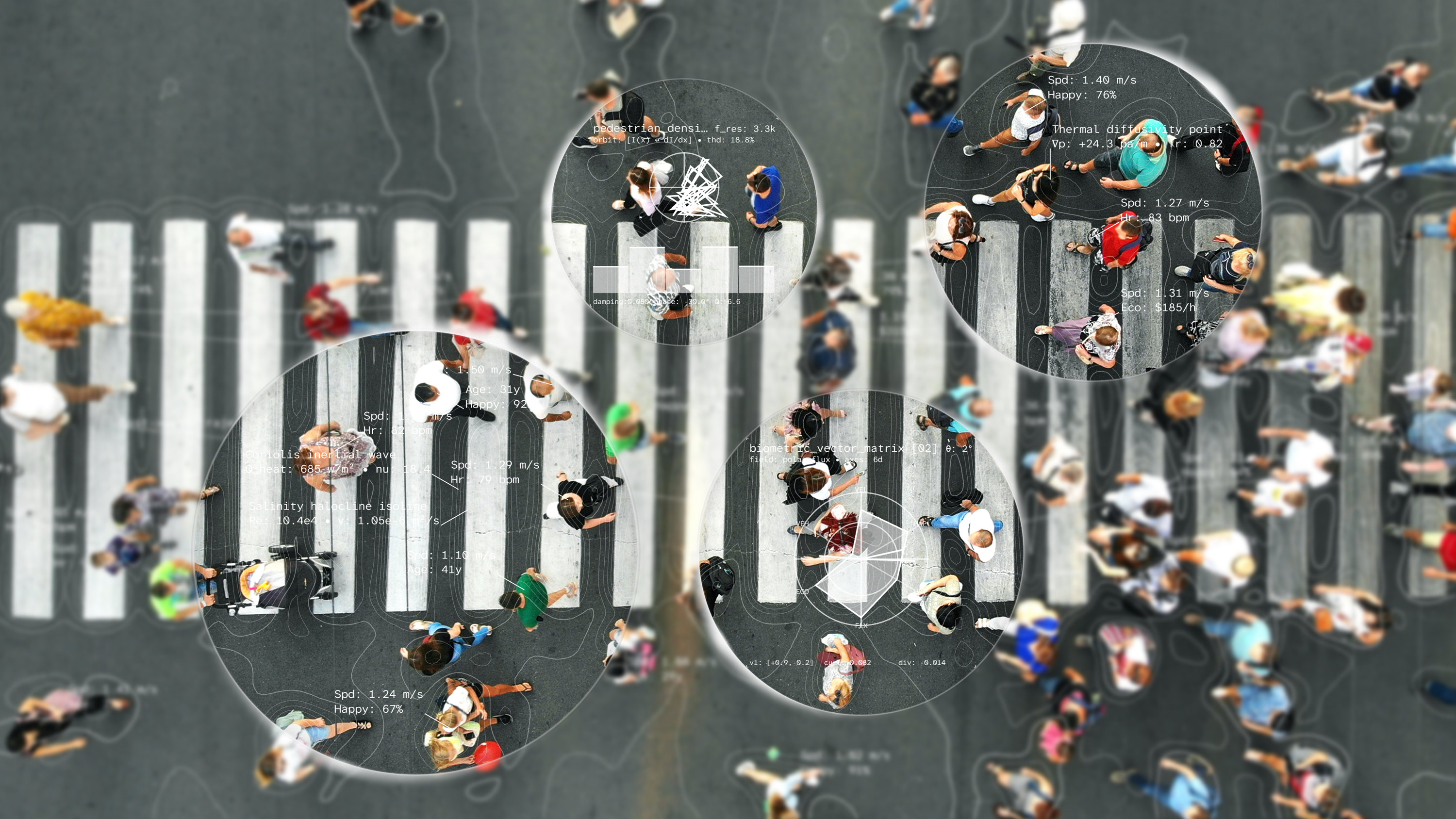 An aerial view of pedestrians crossing a zebra-striped crosswalk, with four circular callout overlays highlighting social data points across the photo.