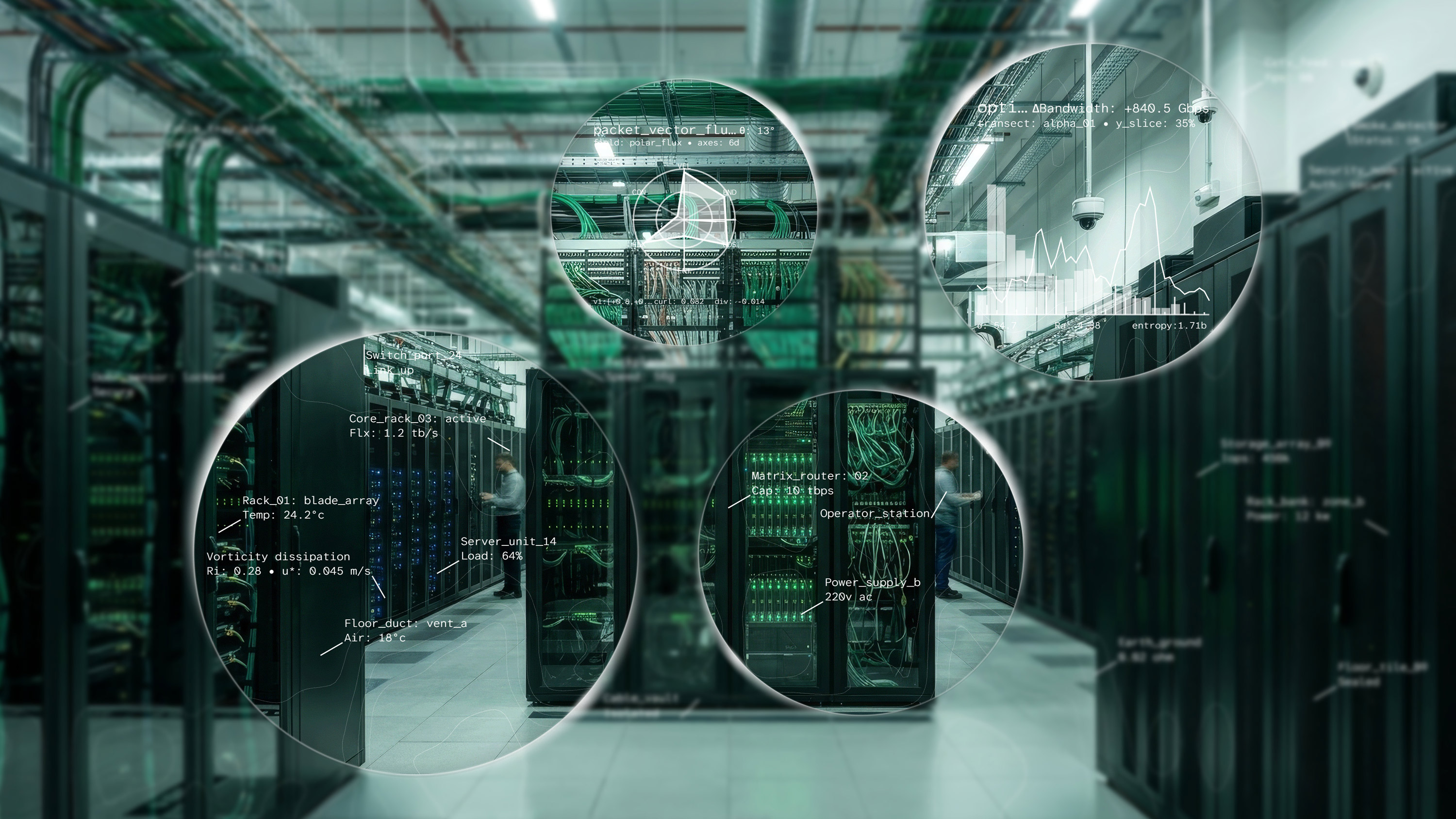 An interior view of a data center lined with server racks, with circular callout overlays highlighting technological metrics across the photo.